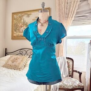 Y2K turquoise ruffle button front top halo size xl